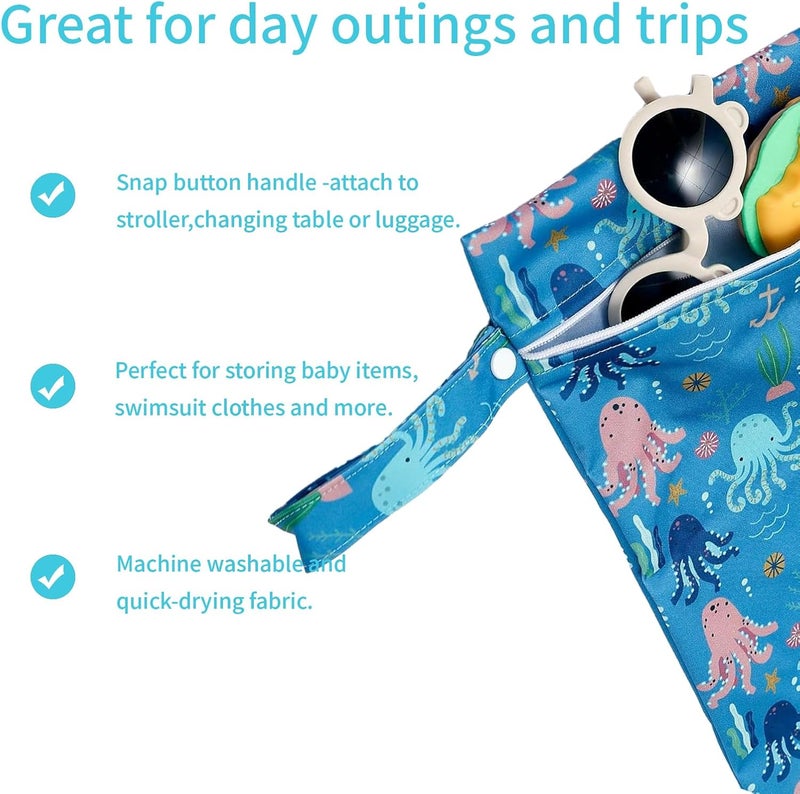 CoolaPeach 2 Pcs Wet Bags Waterproof Reusable Zippered Pocket Cloth Diaper Bag for Travel Beach Pool Swim, Baby Diapers,Gym Yoga Wet Clothes,Swimsuit,water wipes (Octopus) - Image 4